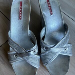 Prada Metallic Silver Wedge Sandals